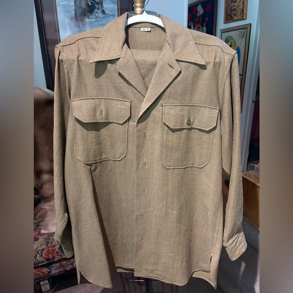 Vintage US Army Wool Field Shirt 15.5x32 Military Button Up Khaki Olive
